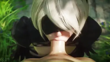 Yorha из NieR: Automata сосет побритый хуй партизана в лесу